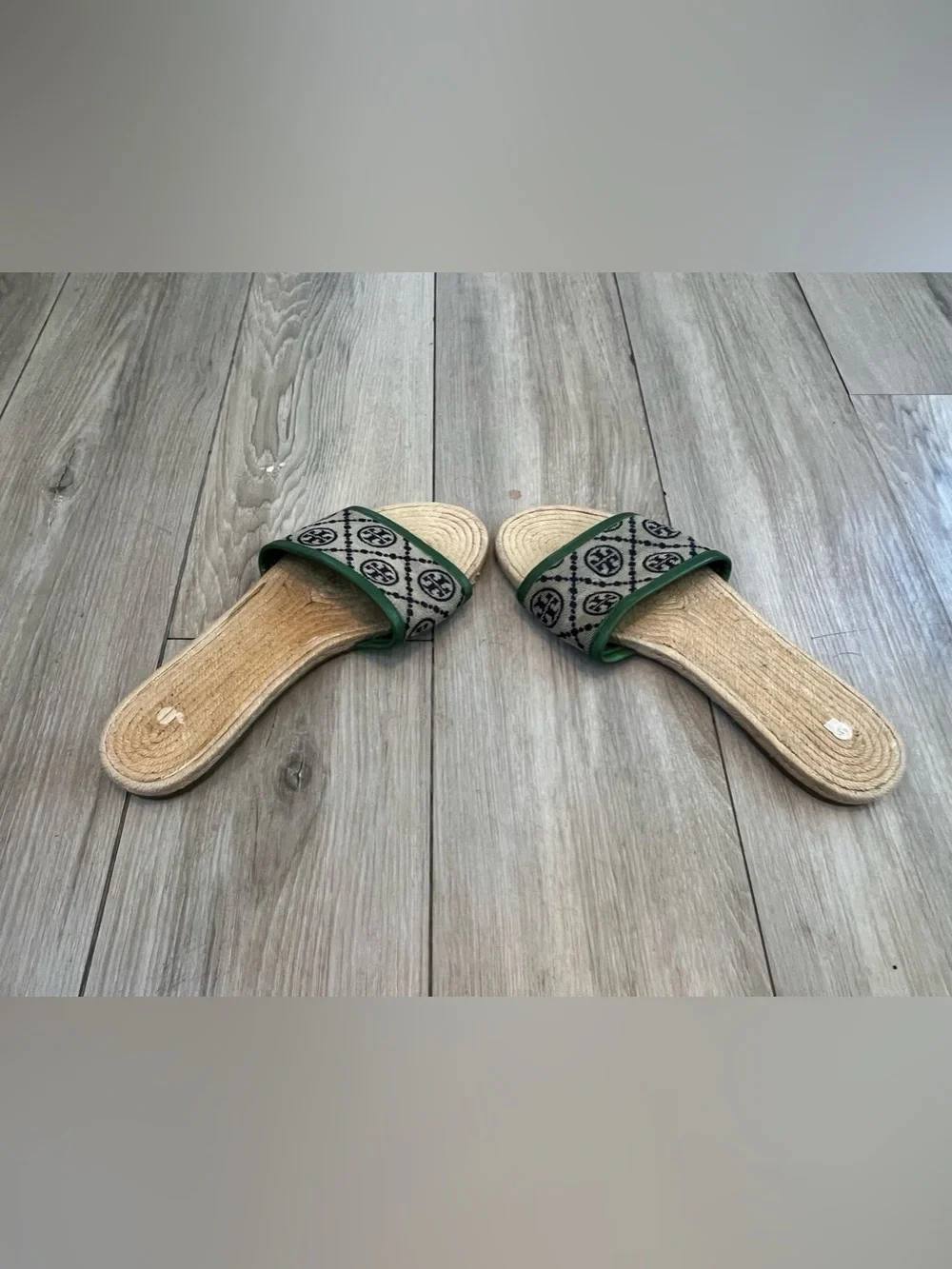 Tory Burch Monogram Espadrille Slides Sandals Green Tan Womens 8